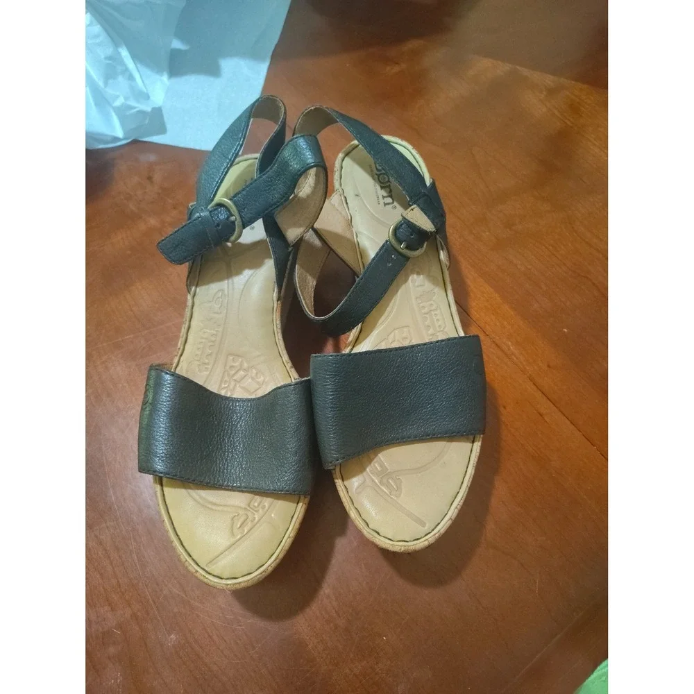 Born Womens Black Leather Cork Wedge Sandals Ankle Strap Buckle‎ Shoes Size 9